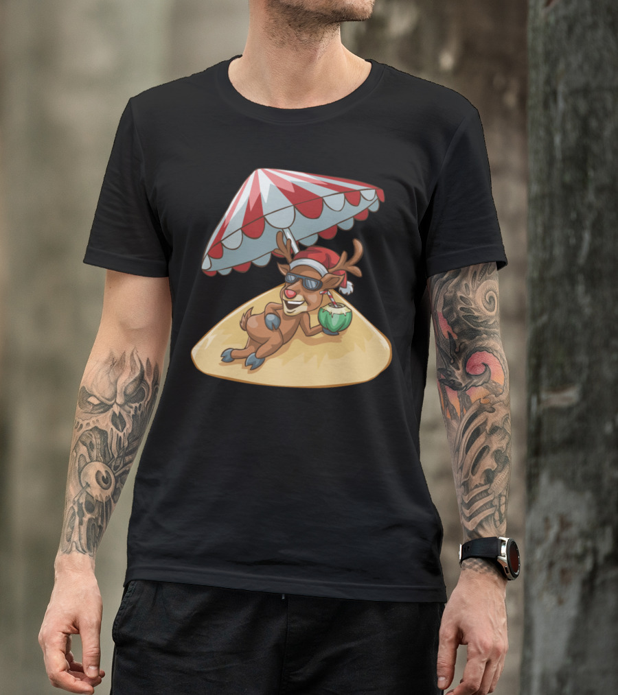 Reindeer Relaxing Under Beach Umbrella Christmas In July T-Shirt