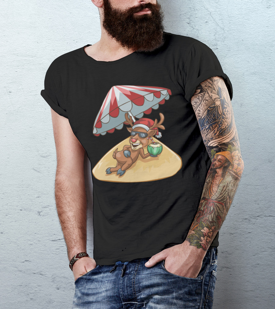 Reindeer Relaxing Under Beach Umbrella Christmas In July T-Shirt