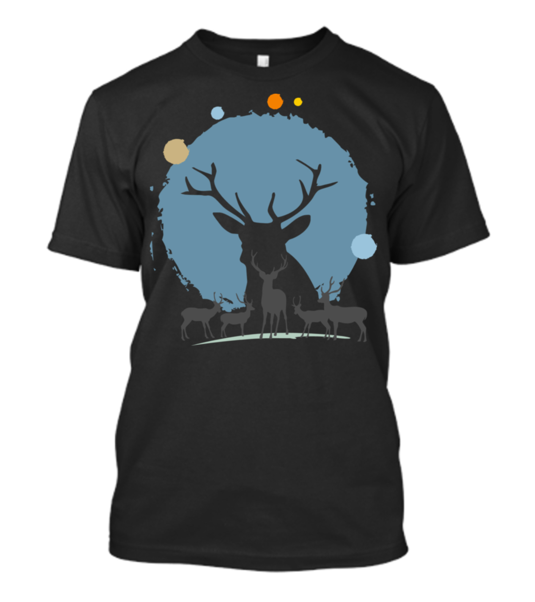 Reindeer Silhouette With Antlers In Front Of Abstract Moon And Floating Circles T-Shirt
