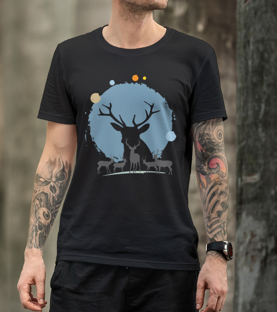 Reindeer Silhouette With Antlers In Front Of Abstract Moon And Floating Circles T-Shirt