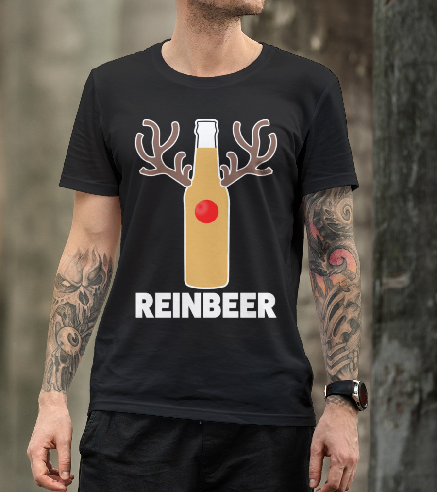 Reindeer Reinbeer Funny Christmas Beer Bottle With Antlers And Red Nose T-Shirt