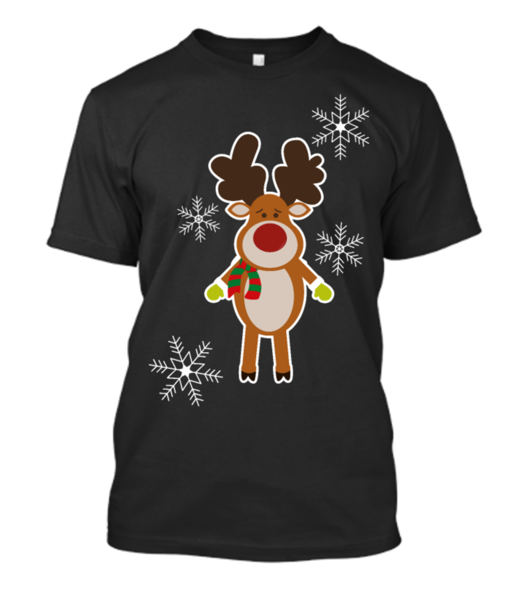 Reindeer Moose Christmas Snowflake Festive Cartoon With Green Gloves And Red Scarf T-Shirt