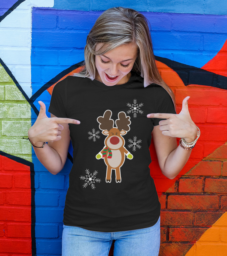 Reindeer Moose Christmas Snowflake Festive Cartoon With Green Gloves And Red Scarf T-Shirt