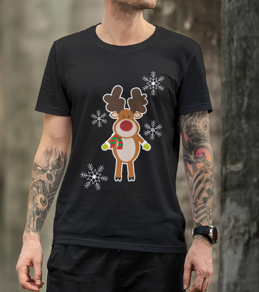 Reindeer Moose Christmas Snowflake Festive Cartoon With Green Gloves And Red Scarf T-Shirt