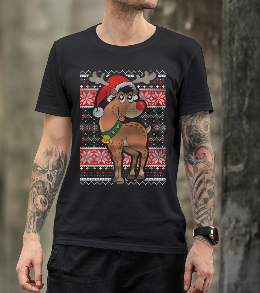 Reindeer Christmas Santa Hat Red Nose Ugly T-Shirt