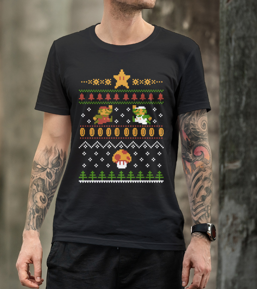 Super Mario Brothers Retro 8-Bit Holiday Sweater Style Decor T-Shirt