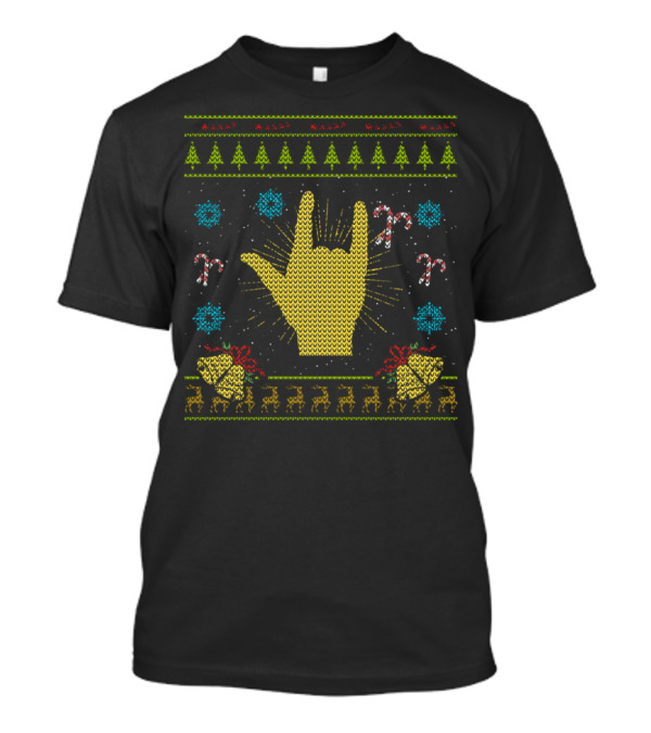 Rock Christmas Ugly Rock N Roll Music Ugly Sweater Hand Sign Candy Canes Reindeer T-Shirt