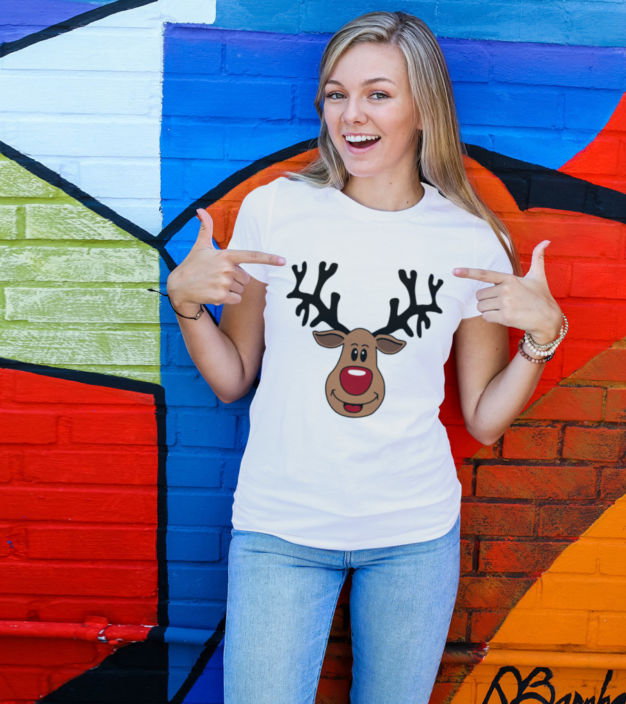 Rudolf Red-Nosed Reindeer Head With Antlers And Snowflakes T-Shirt