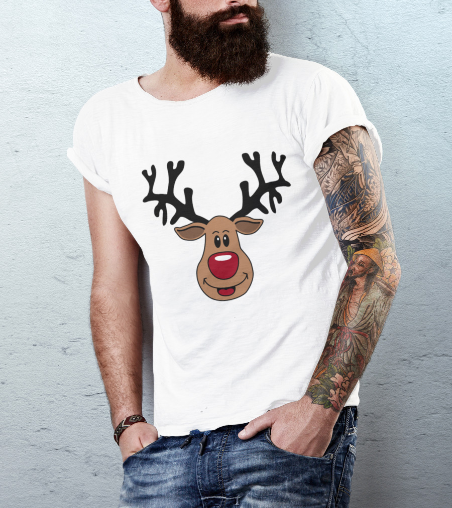 Rudolf Red-Nosed Reindeer Head With Antlers And Snowflakes T-Shirt