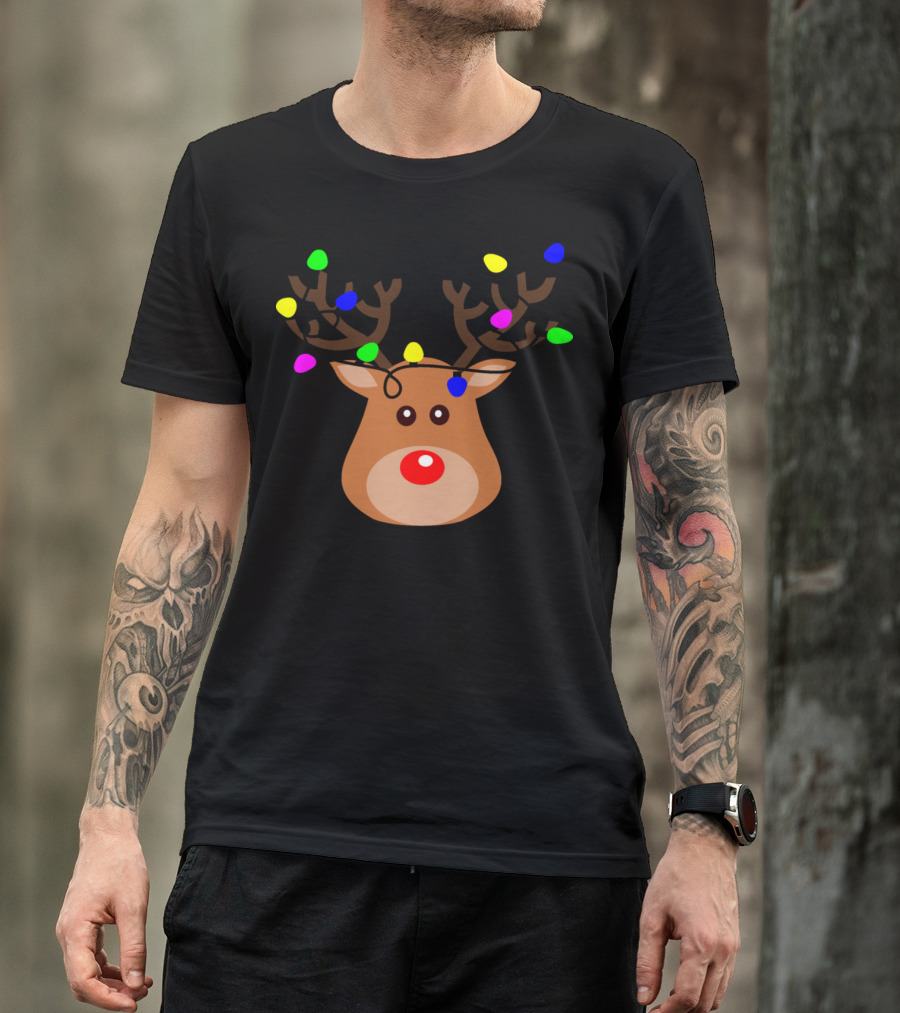 Rudolph With Multicolor Christmas Lights On Antlers T-Shirt