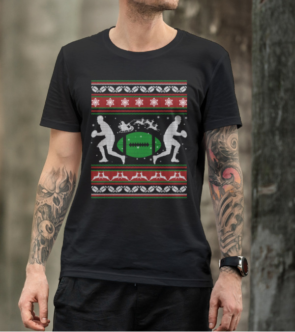 Rugby Ugly Christmas Sweater Design With Reindeer And Santa Elements T-Shirt