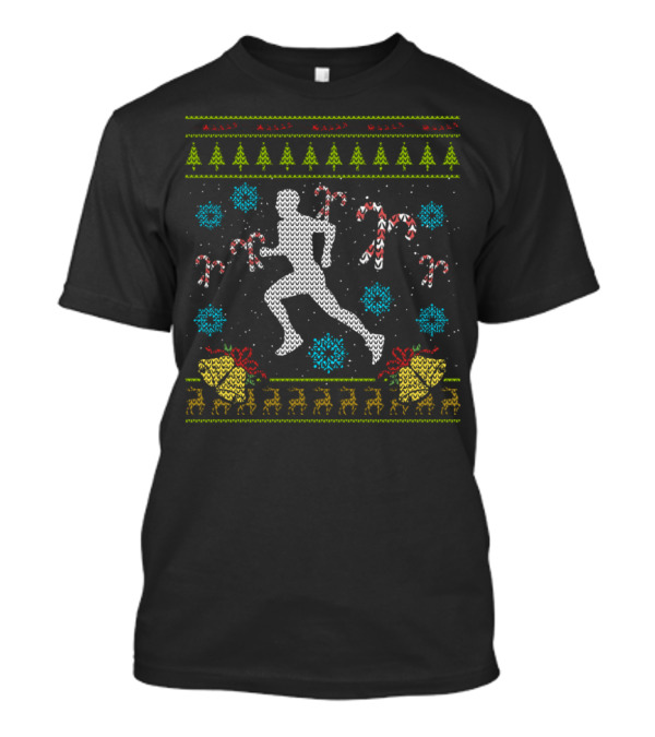 Running Christmas Ugly Sweater Style Trail Runner 5K Candy Canes Snowflakes Reindeer Pine Trees T-Shirt