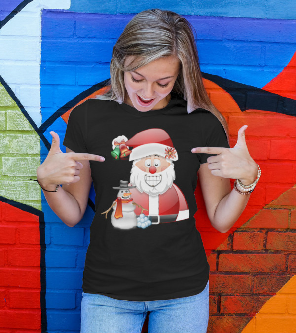 Santa And Snowman With Christmas Bells Holiday Scene T-Shirt