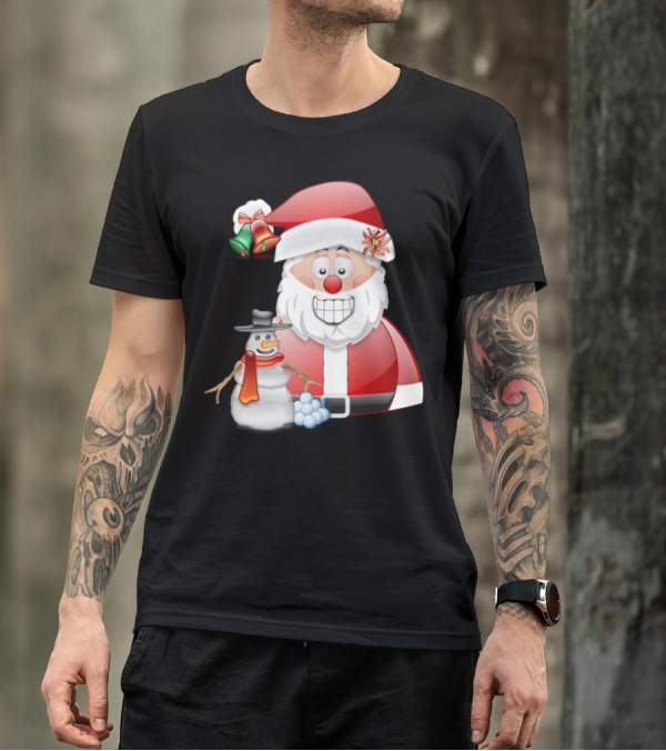 Santa And Snowman With Christmas Bells Holiday Scene T-Shirt