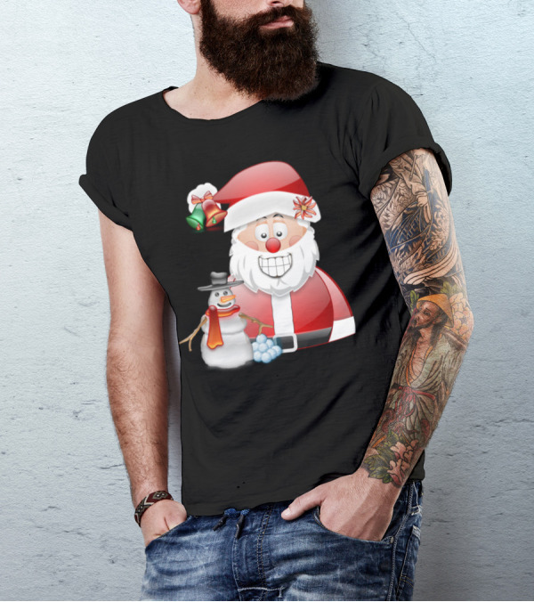 Santa And Snowman With Christmas Bells Holiday Scene T-Shirt