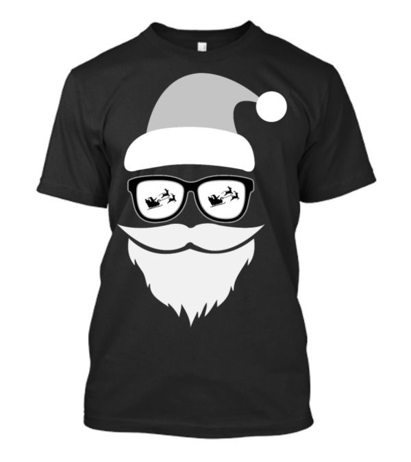Santa Beard Hat Sunglasses Christmas Cool Sleigh Reflection T-Shirt