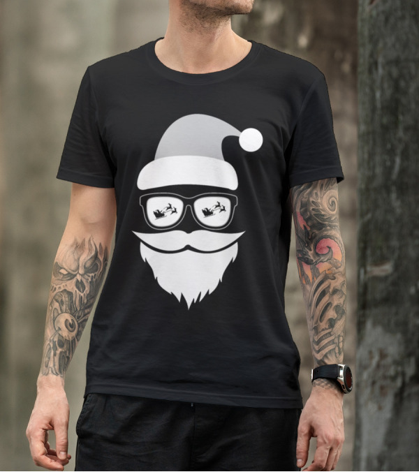 Santa Beard Hat Sunglasses Christmas Cool Sleigh Reflection T-Shirt