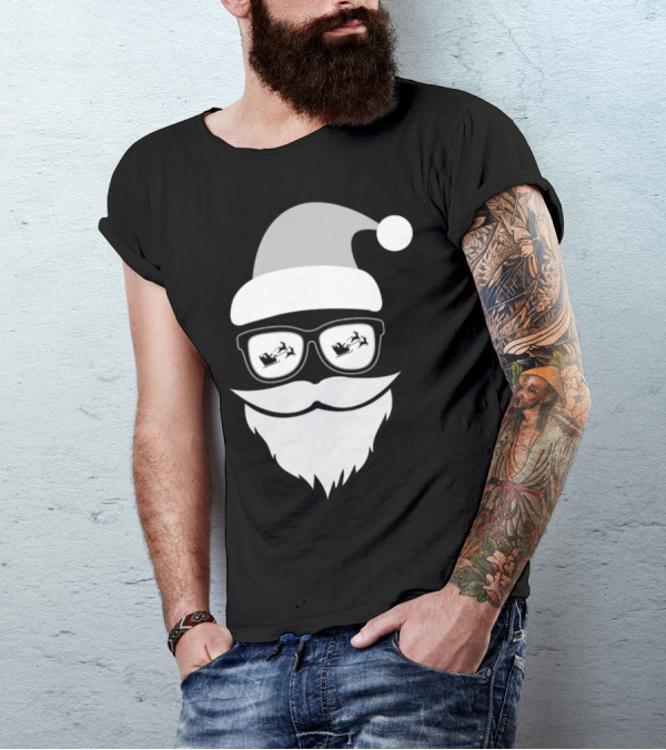 Santa Beard Hat Sunglasses Christmas Cool Sleigh Reflection T-Shirt