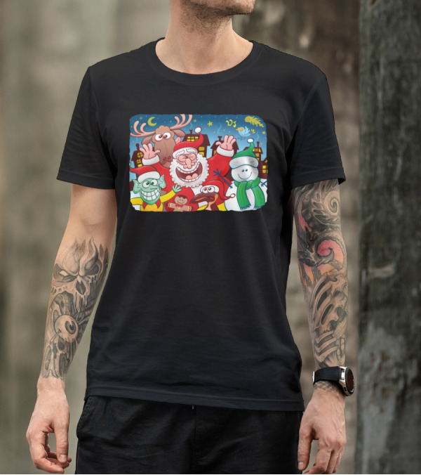 Santa Claus And Friends Holiday Celebration Under Night Sky T-Shirt