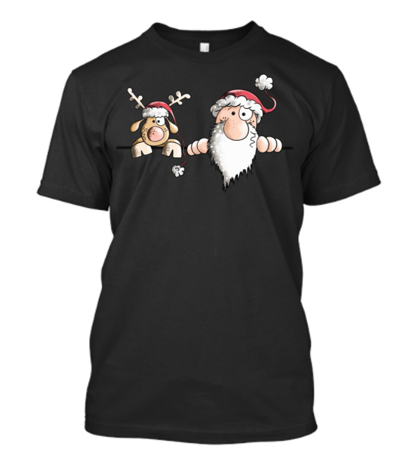 Santa Claus And Reindeer Peeking With Santa Hats And Beards T-Shirt