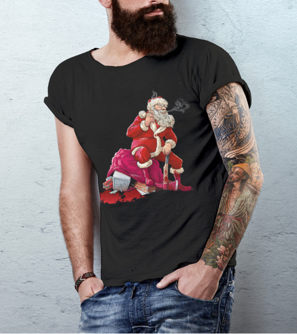 Santa Claus Bad Smoking With Axe And Sack T-Shirt