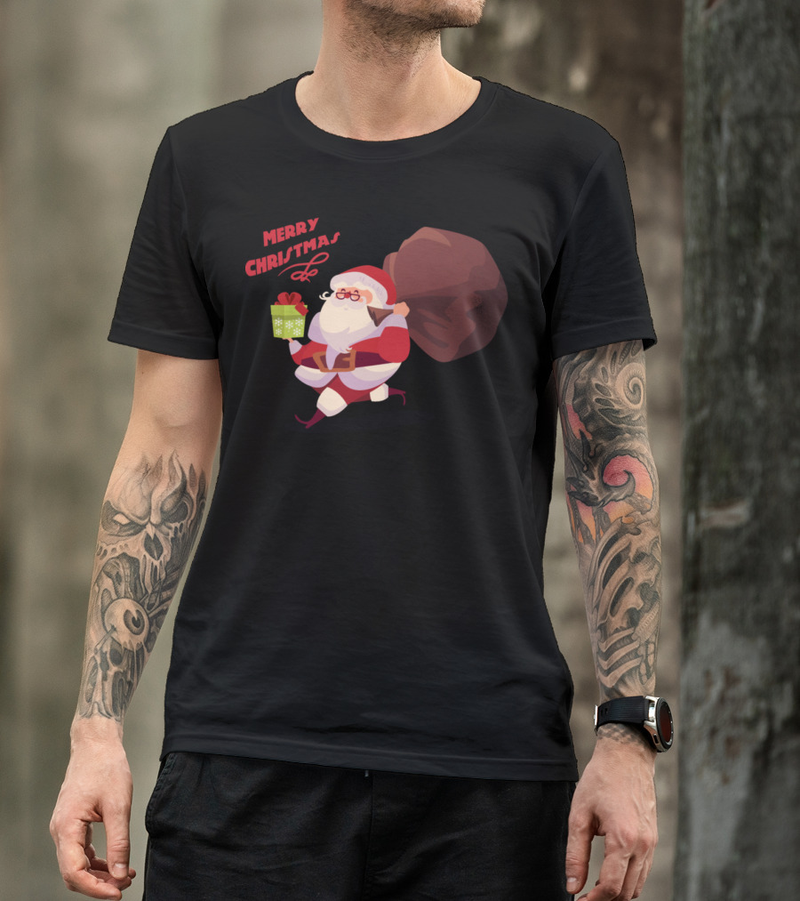 Santa Claus Merry Christmas Holding Gift And Bag T-Shirt