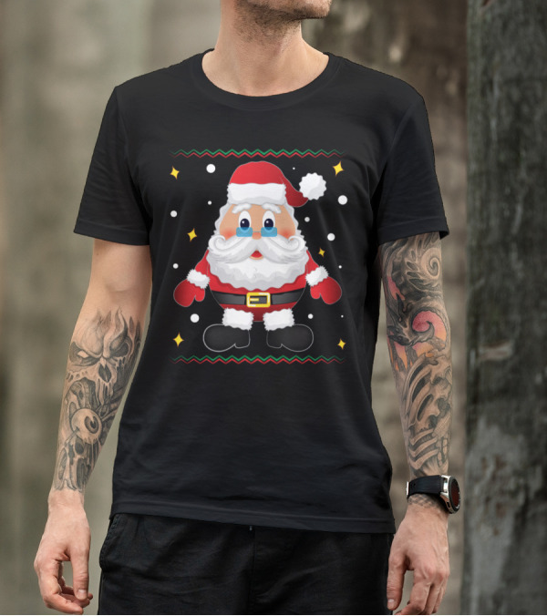 Santa Claus Merry Christmas Cute Cartoon Santa With Stars And Snowflakes T-Shirt
