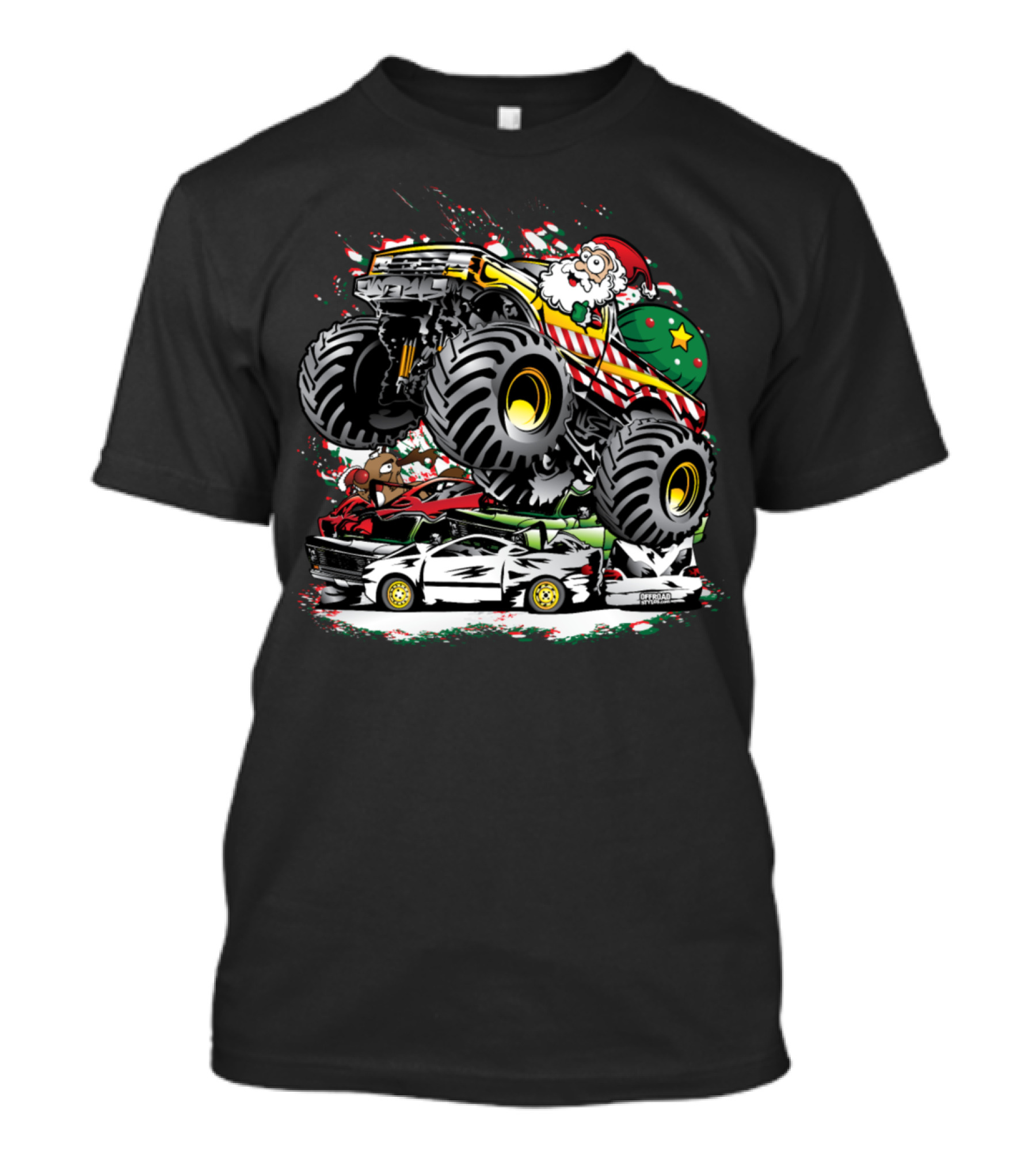 Santa Claus Driving Festive Monster Truck Crushing Cars T-Shirt