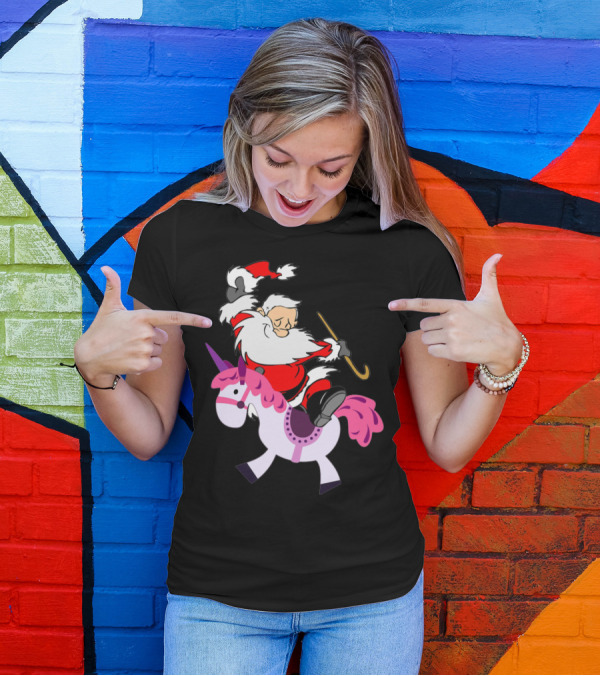 Santa Claus Riding A Pink Unicorn With Candy Cane Magic T-Shirt