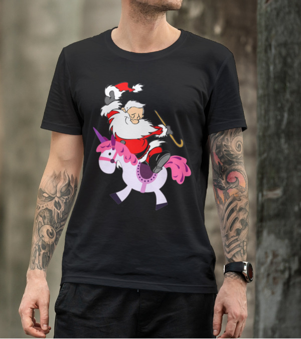Santa Claus Riding A Pink Unicorn With Candy Cane Magic T-Shirt