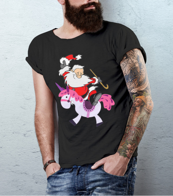 Santa Claus Riding A Pink Unicorn With Candy Cane Magic T-Shirt