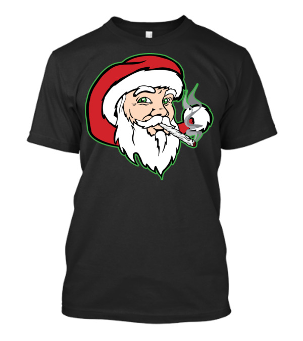 Santa Claus Smoking Weed Red Hat Green Outlines T-Shirt