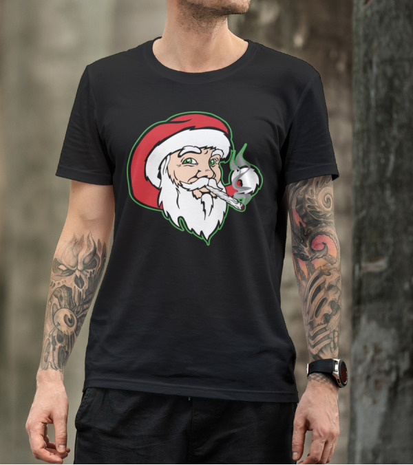 Santa Claus Smoking Weed Red Hat Green Outlines T-Shirt