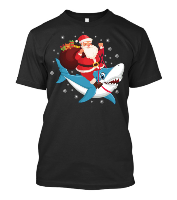 Santa Claus Riding Shark With Snowflakes And Gift Sack T-Shirt