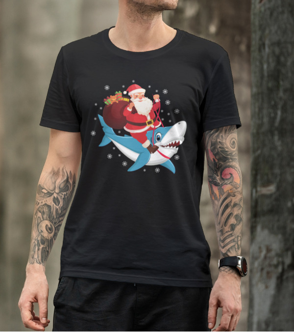 Santa Claus Riding Shark With Snowflakes And Gift Sack T-Shirt