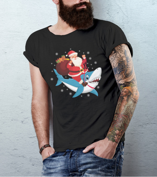 Santa Claus Riding Shark With Snowflakes And Gift Sack T-Shirt