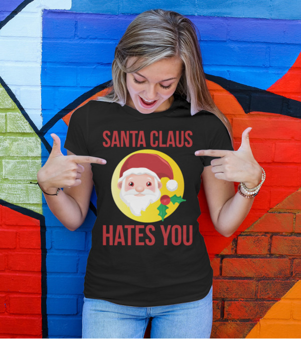Santa Claus Hates You With Holly And Yellow Background T-Shirt