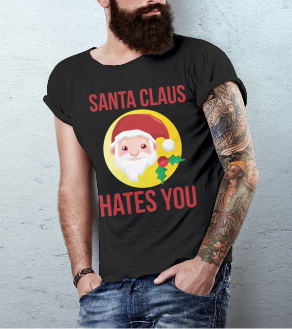 Santa Claus Hates You With Holly And Yellow Background T-Shirt