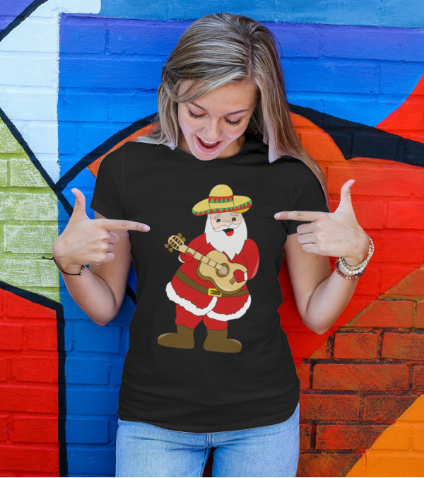 Santa Christmas Funny Mexican Sombrero Guitar T-Shirt