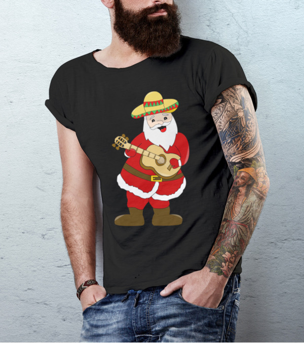 Santa Christmas Funny Mexican Sombrero Guitar T-Shirt