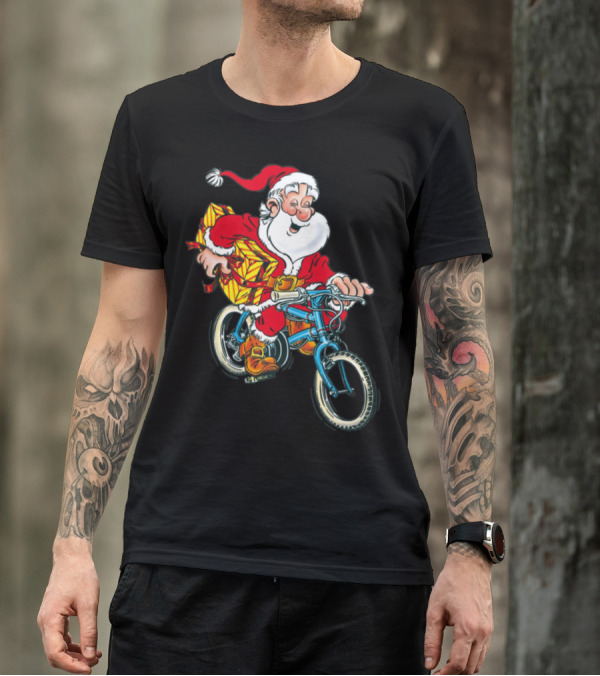 Santa Claus Riding Bicycle With Gift Sack T-Shirt