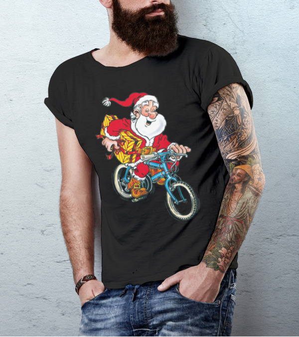 Santa Claus Riding Bicycle With Gift Sack T-Shirt