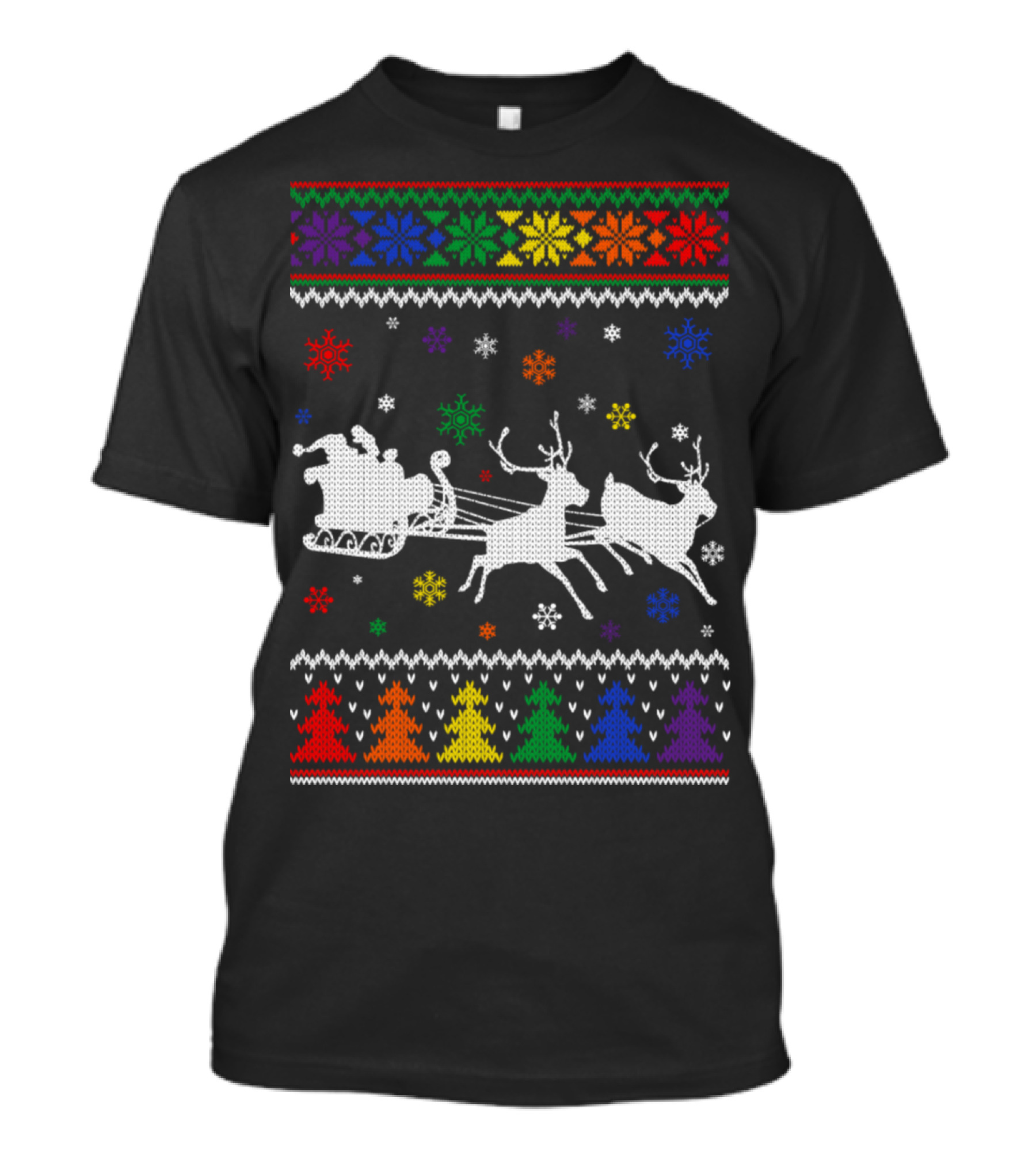 Santa Sleigh Reindeer Rainbow Ugly Christmas T-Shirt