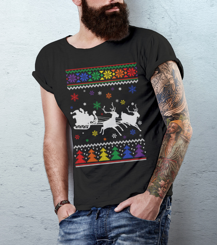 Santa Sleigh Reindeer Rainbow Ugly Christmas T-Shirt