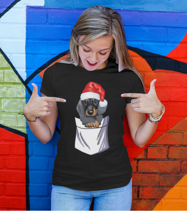 Santa Dachshund In Pocket With Christmas Hat T-Shirt