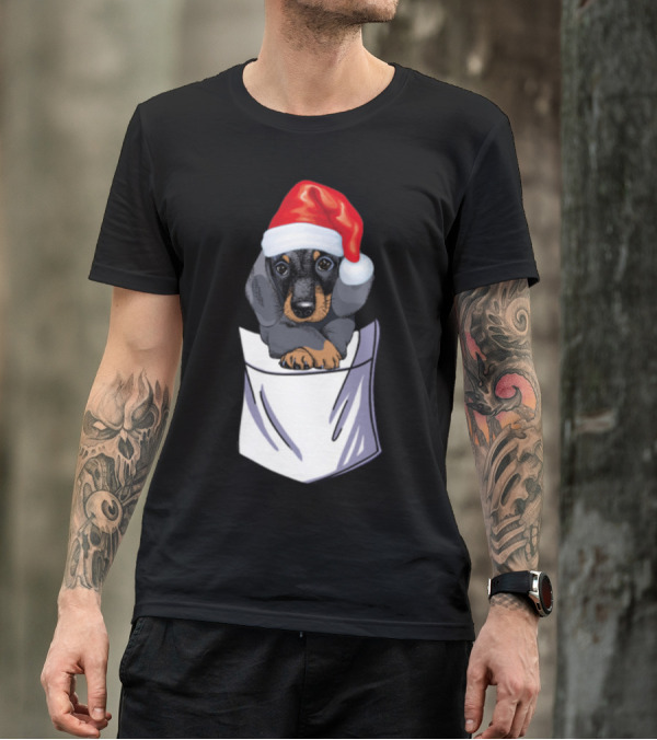 Santa Dachshund In Pocket With Christmas Hat T-Shirt