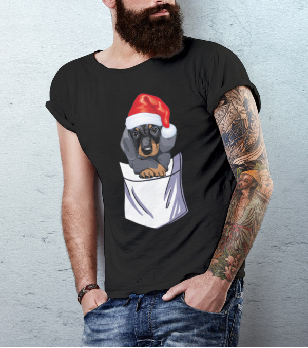 Santa Dachshund In Pocket With Christmas Hat T-Shirt
