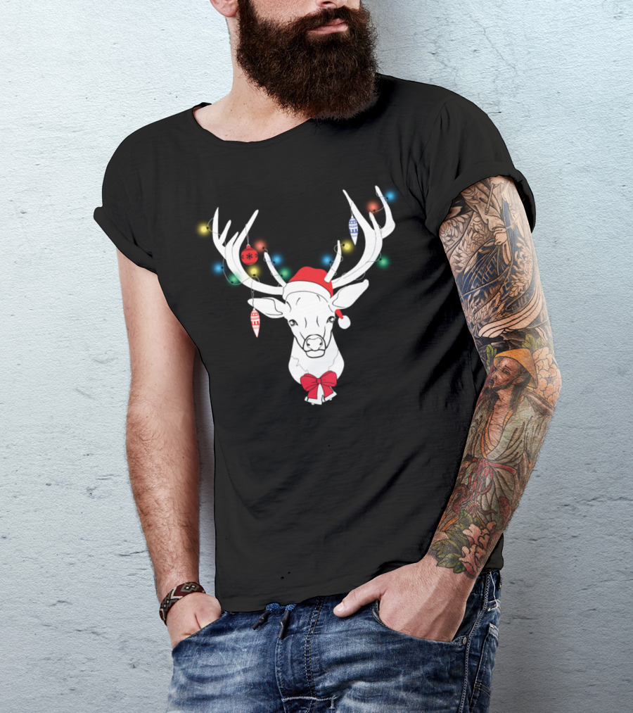Santa Deer With Lights And Ornaments On Antlers T-Shirt