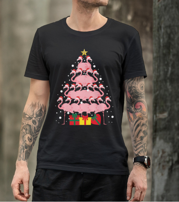 Santa Flamingo Christmas Tree With Presents And Star T-Shirt