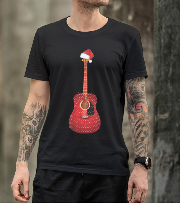 Santa Hat Acoustic Guitar Holiday T-Shirt